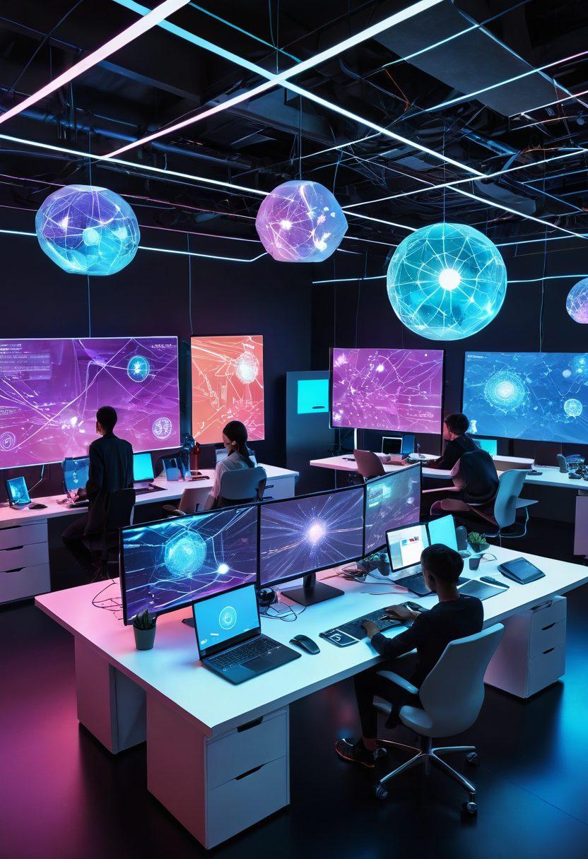 An illustration of a futuristic workspace featuring advanced 'Youji Tools' devices, interconnected with the 'Jixz Network' showcasing vibrant digital nodes and glowing connections. The setting includes diverse individuals actively collaborating, engaged with holographic interfaces, surrounded by an ethereal cybernetic landscape. Bright colors and high-tech elements should convey a sense of innovation and teamwork. super-realistic. vibrant colors. futuristic style.