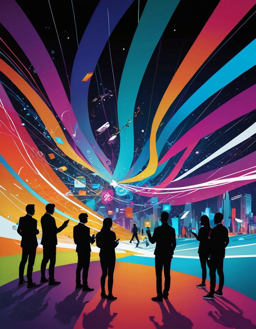 A dynamic scene illustrating the intersection of technology and human interaction, featuring diverse individuals engaging with futuristic devices, surrounded by swirling digital content and vibrant colors. The background showcases an abstract representation of connectivity and transformation, symbolizing Youji's impact on communication. Blend a sense of excitement and innovation, reminiscent of an inspiring tech conference. super-realistic. vibrant colors. abstract.