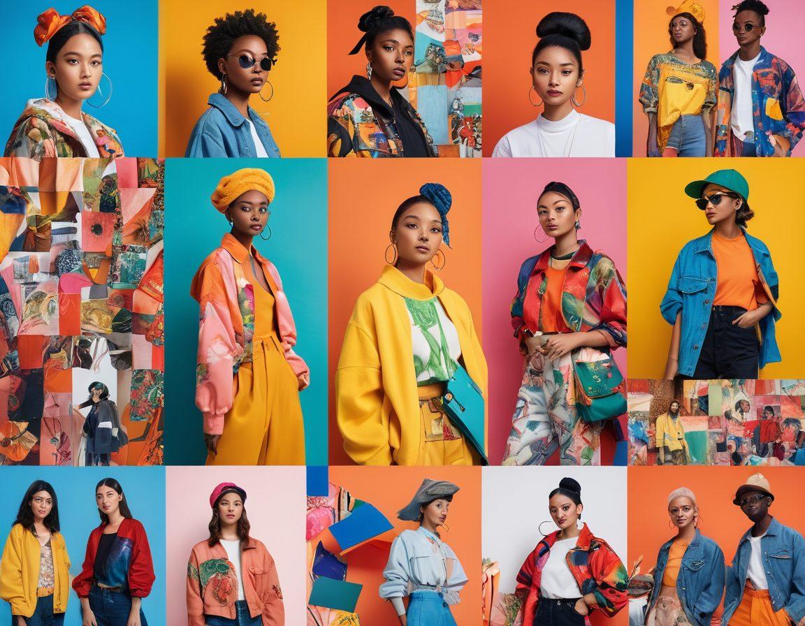 A vibrant collage showcasing diverse members of the Youji community engaging in various trendy activities like fashion, art, and technology. Include elements like colorful streetwear, interactive art installations, and a lively social gathering. The background should reflect a modern urban environment with a sense of community spirit. Emphasize inclusivity and creativity. bright colors. contemporary art style. dynamic composition.